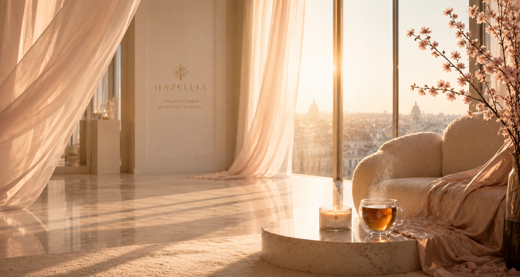 Univers Rituels Hazellia avec fauteuil crème, voiles aériens rose poudré, infusion ambrée et ambiance luxe inspirée de l’art du rituel féminin.

