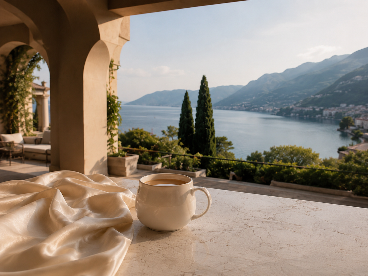  Rituel d’infusion italien avec mug ivoire et satin champagne face à un lac bordé de cyprès – Italie Dolce Vita Hazellia
