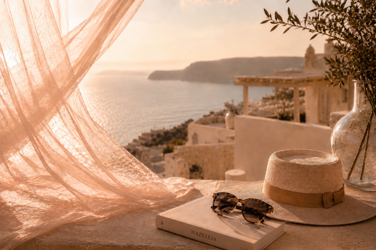Hazellia Voyage – Destination inspirée des infusions HazBloom, voyage sensoriel, art de vivre féminin, lumière méditerranéenne, rituel d’infusion premium Hazellia

