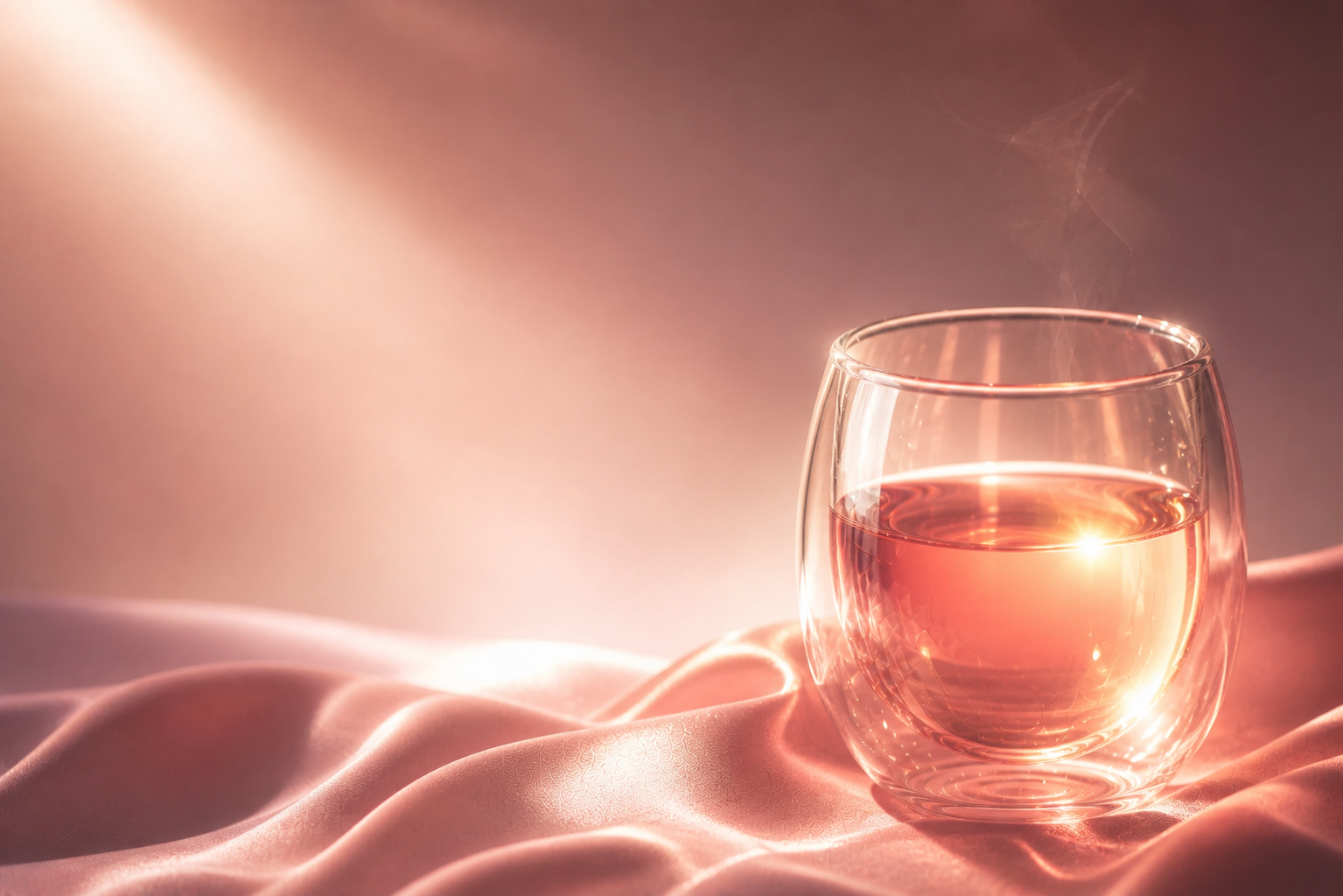 Infusion rose et dorée lumineuse dans un verre double paroi sur satin moderne, effet élixir beauté et éclat féminin Hazellia

