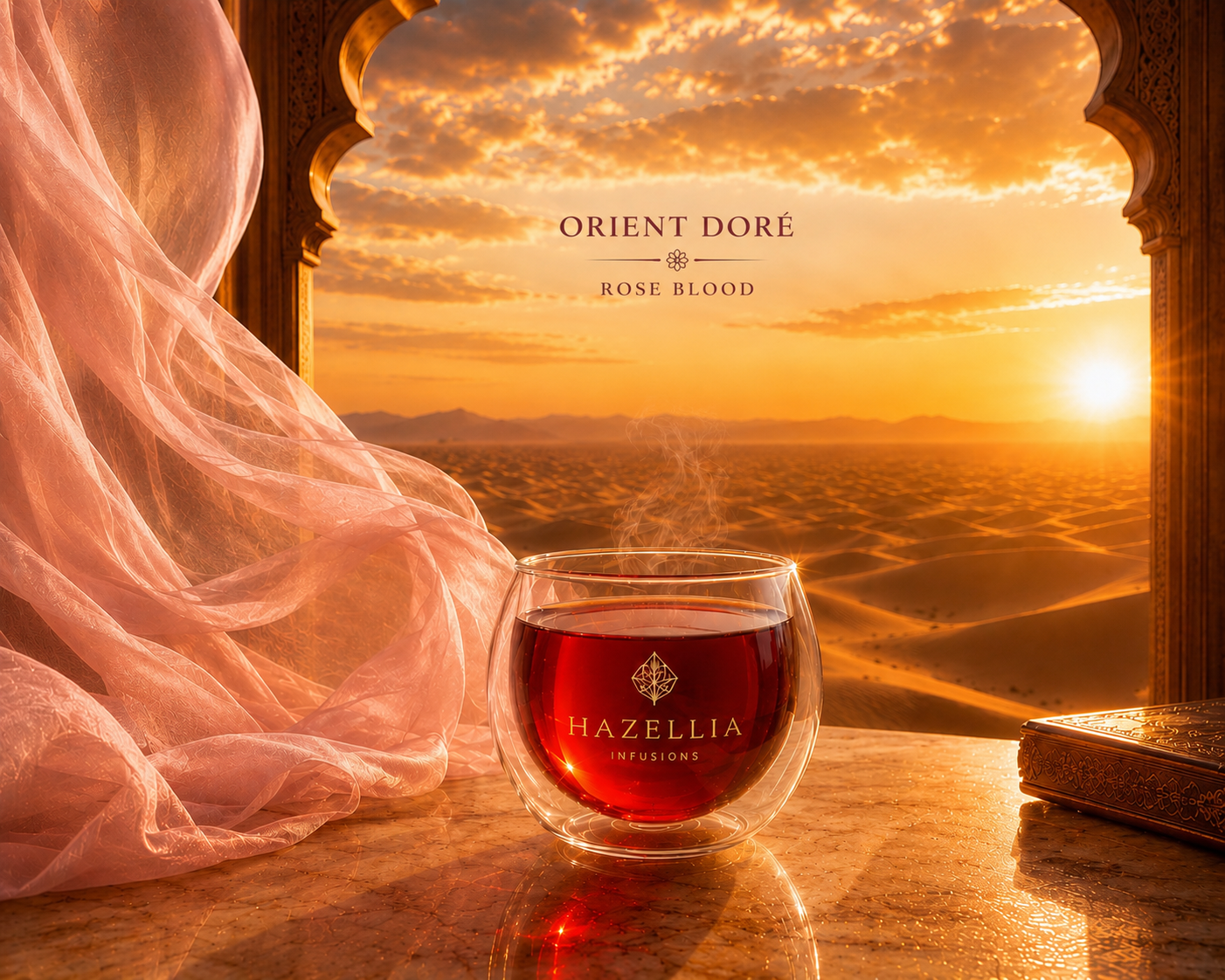 Rose Blood Hazellia Voyage Orient Doré – infusion rouge rubis dans un mug double paroi luxe devant un désert doré au coucher du soleil, arche orientale élégante et voile couture aérien dans une ambiance premium inspirée des campagnes parfum.