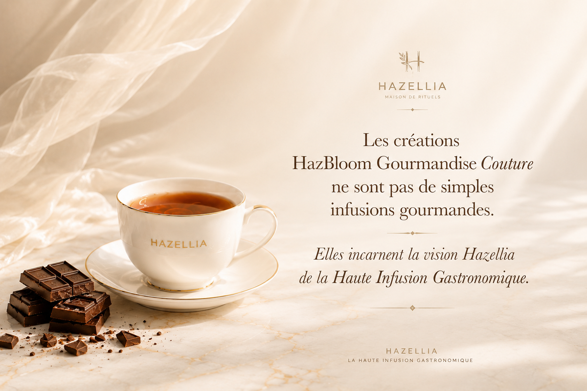 HazBloom Gourmandise Couture, créations Hazellia de Haute Infusion Gastronomique avec infusion ambrée et chocolat