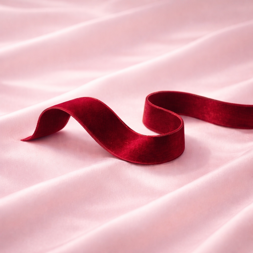 Ruban de velours rouge posé sur satin rose poudré représentant la femme sensuelle Red Velvet de la collection d’infusions Hazellia.
