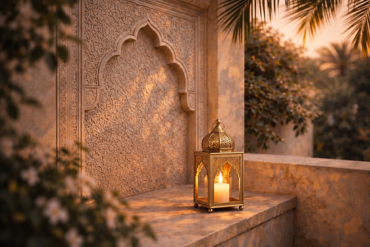 Lanterne marocaine dorée sur une terrasse en pierre ivoire avec architecture sculptée et lumière de fin de journée – Évasion Maroc Douceur Hazellia

