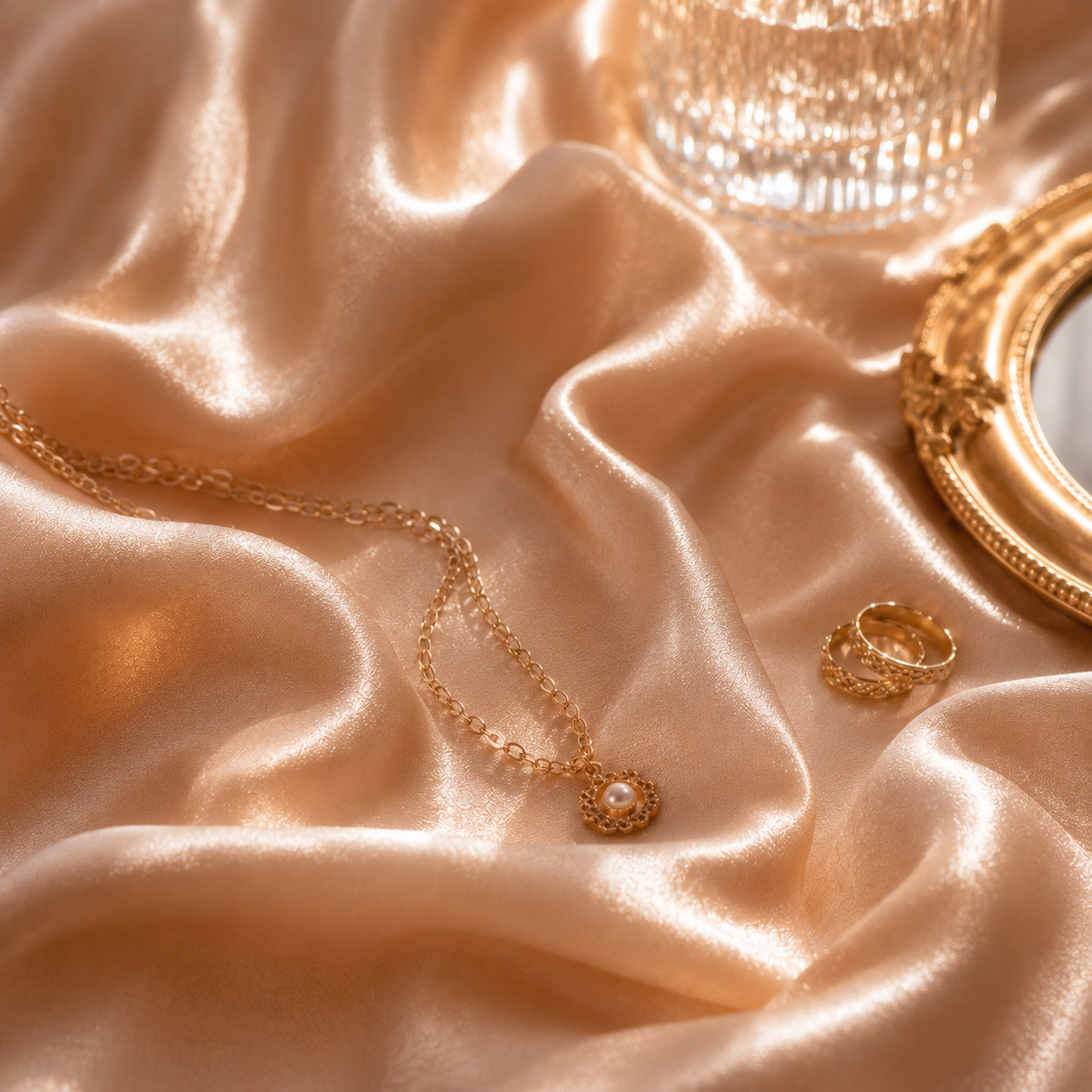 Détail éditorial Hazellia Paris avec satin champagne, bijoux dorés et lumière couture inspirée de l’élégance parisienne.
