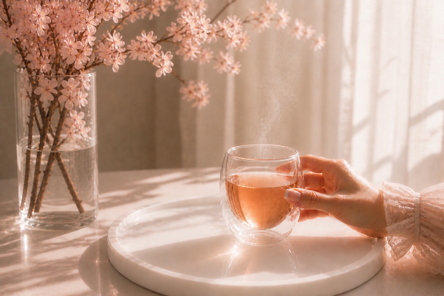 Infusion chaude bien-être dans verre double paroi, main féminine, plateau marbre blanc et fleurs de cerisier, ambiance douce et féminine Hazellia

