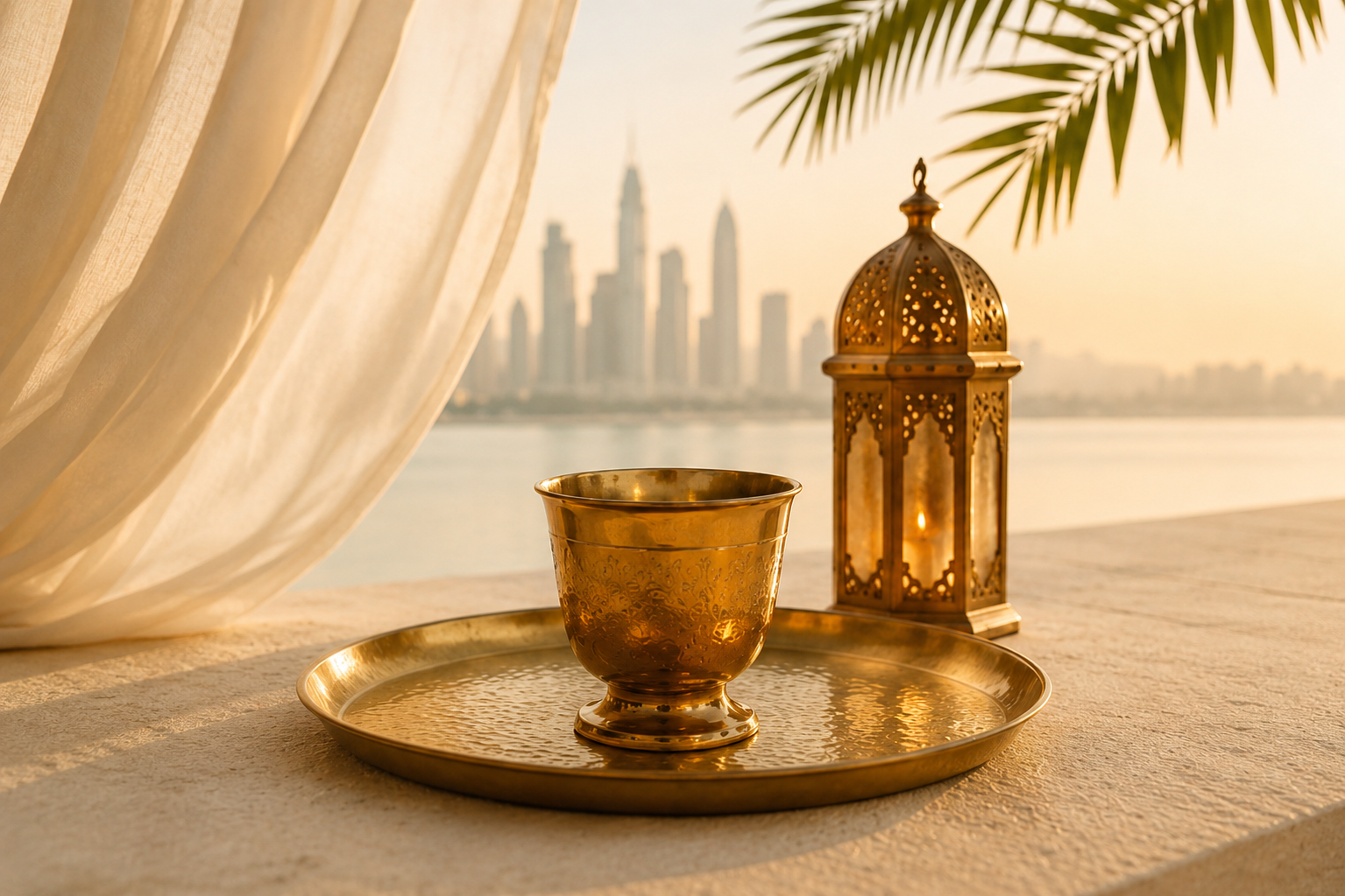 Rituel d’infusion Orient Doré avec mug oriental sur plateau doré, lanterne et paysage contemporain – Hazellia

