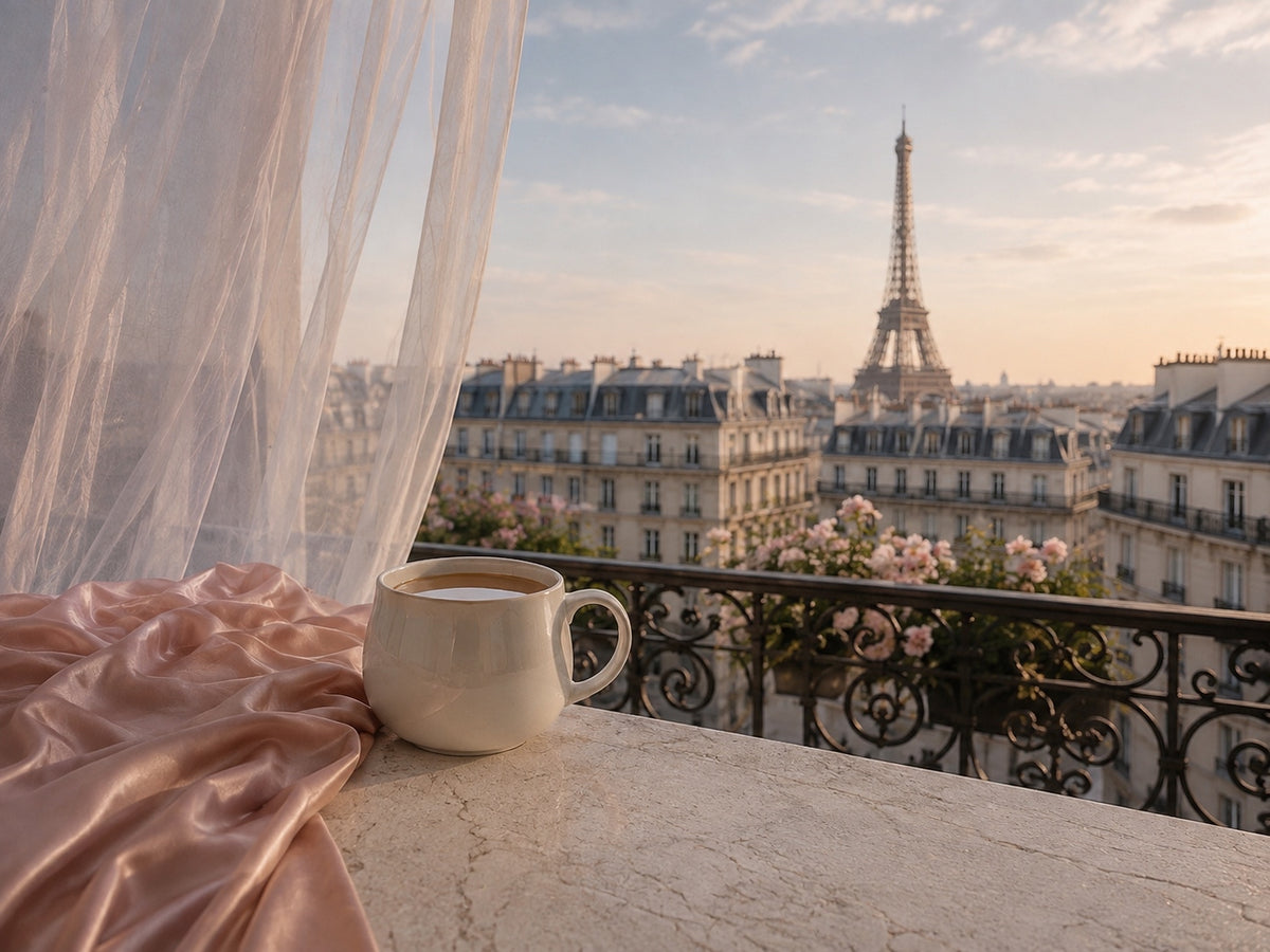 Infusion Hazellia sur un balcon parisien avec Tour Eiffel, mug blanc, voile rose poudré et univers premium Paris Intemporel.

