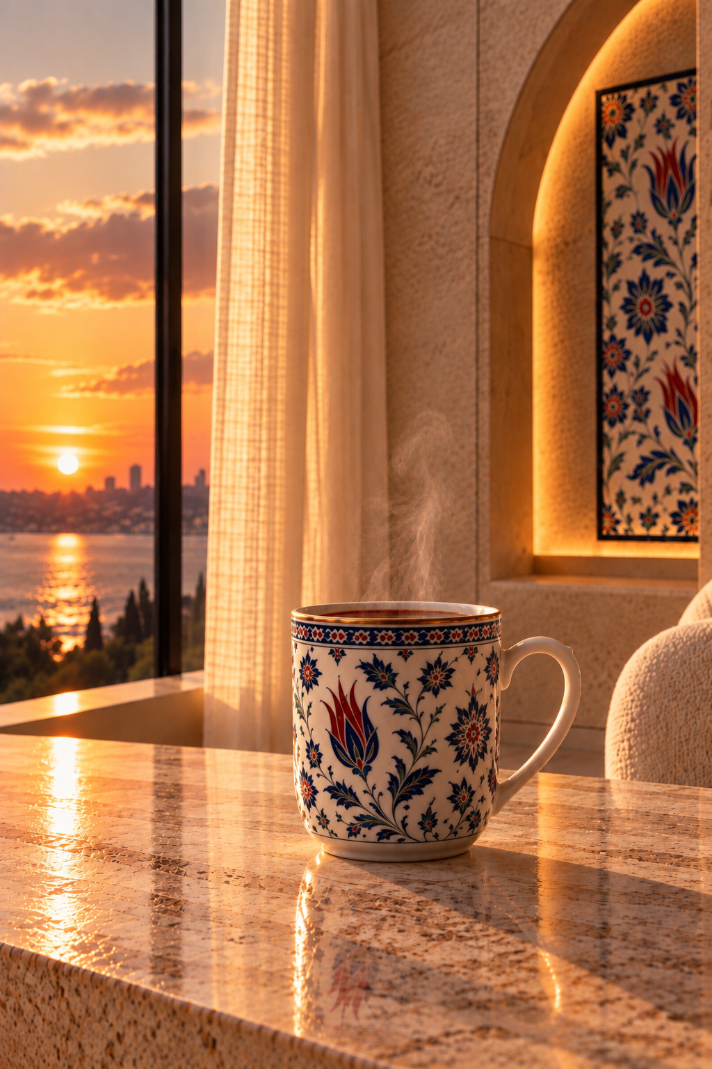 Rituel d’infusion turc Hazellia avec mug en céramique inspiré des carreaux d’Iznik dans un intérieur contemporain au coucher du soleil

