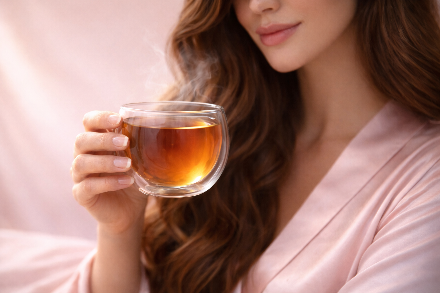 Infusion premium HazBloom par Hazellia, femme élégante en robe satin rose tenant un thé chaud dans un verre double paroi, ambiance couture féminine.