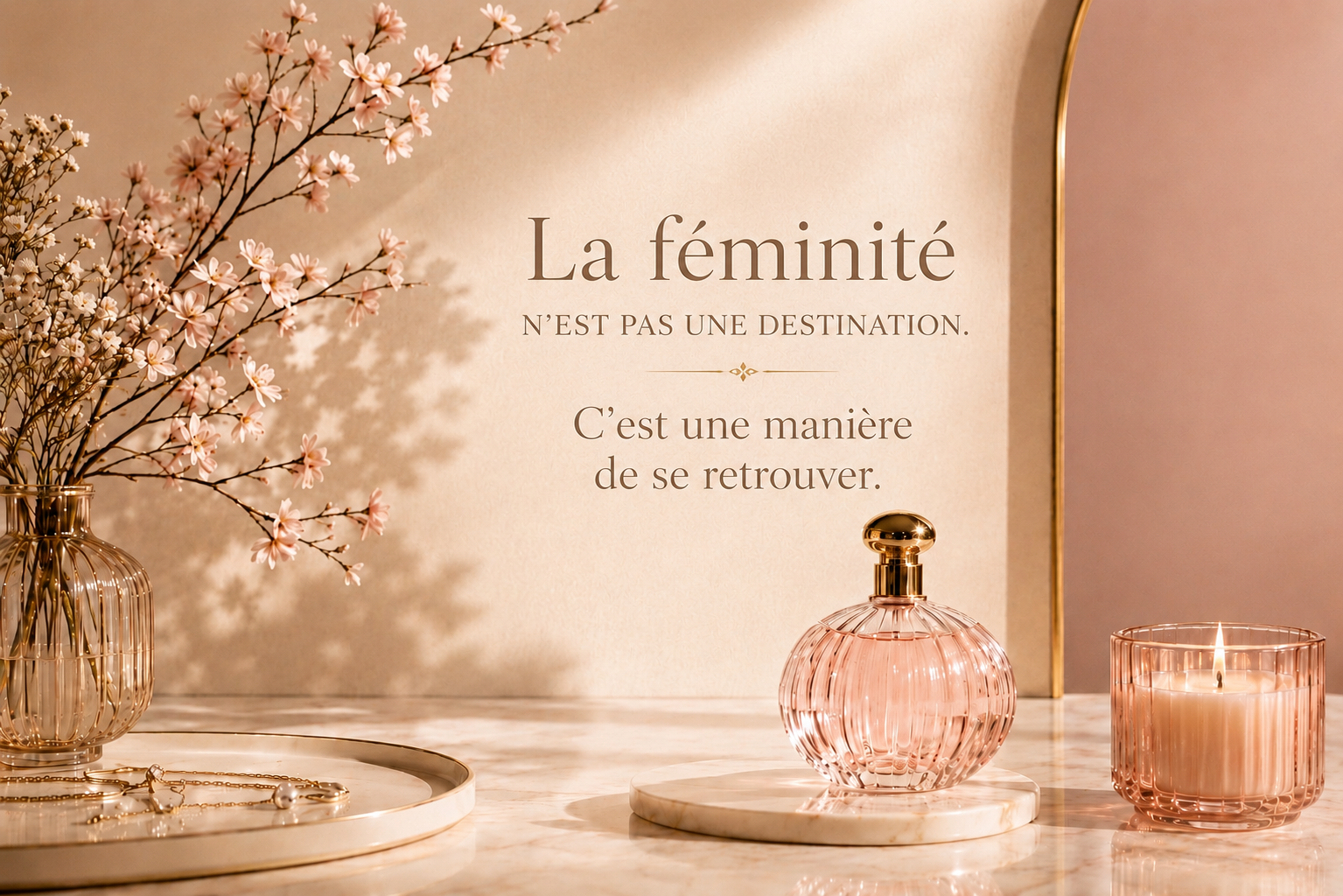 L’Âme Hazellia, univers féminin raffiné avec parfum rose poudré, lumière douce, fleurs délicates et citation inspirante sur la féminité.

