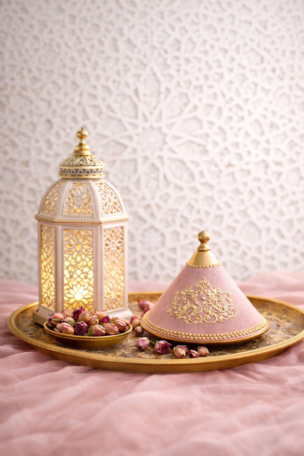 Lanterne marocaine blanche et or illuminée à côté d’un tajine rose poudré décoré de motifs dorés, entourés de boutons de rose sur un plateau doré, avec un arrière-plan en mosaïque blanche traditionnelle — ambiance raffinée, féminine et authentique