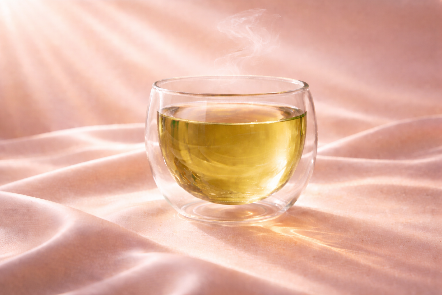 Infusion verte GlowTox Hazellia dans un verre double paroi sur satin rose poudré lumineux avec vapeur fine.

