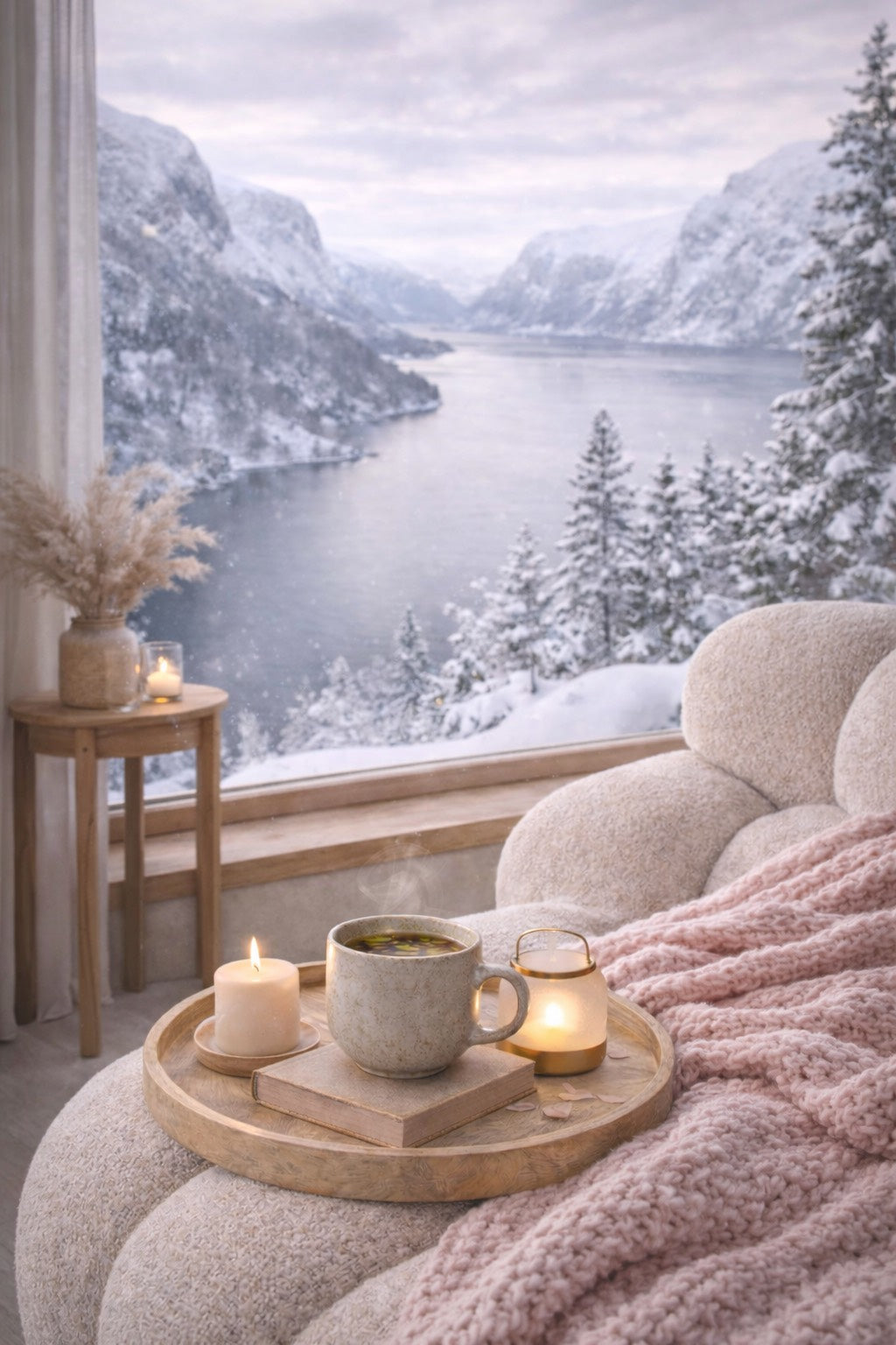Ambiance scandinave chaleureuse avec vue sur un fjord enneigé, canapé texturé, plaid rose poudré et plateau en bois avec infusion, bougie et lanterne dorée