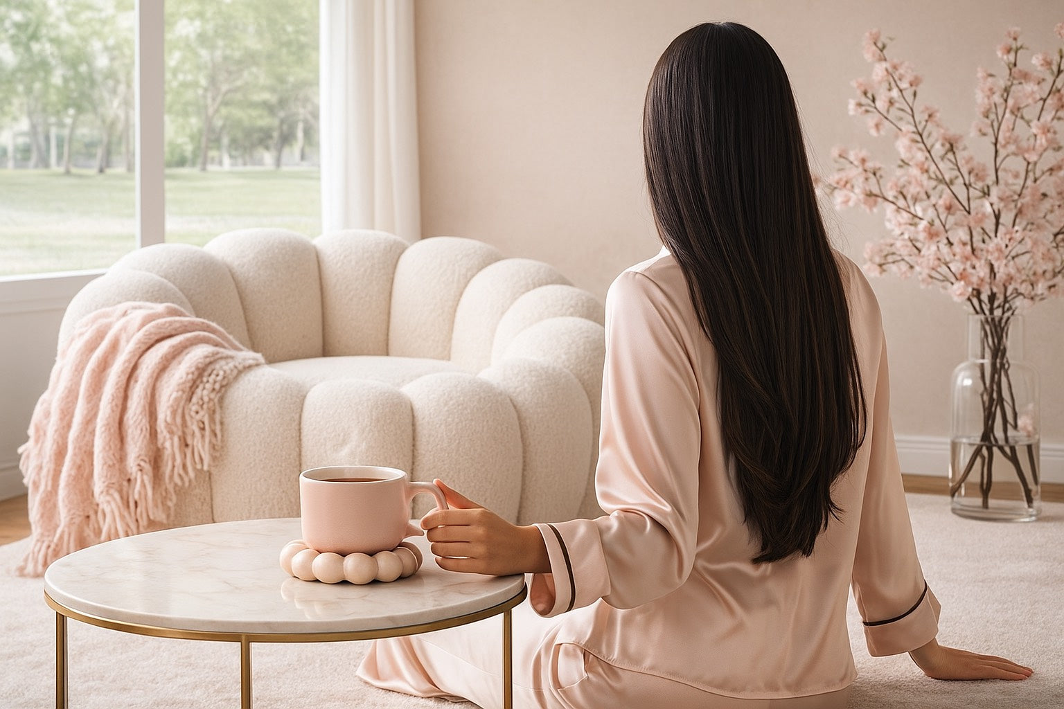 Femme de dos en satin blush dans un intérieur cocooning Hazellia, tasse de thé devant un fauteuil bubble beige et fleurs de cerisier.

