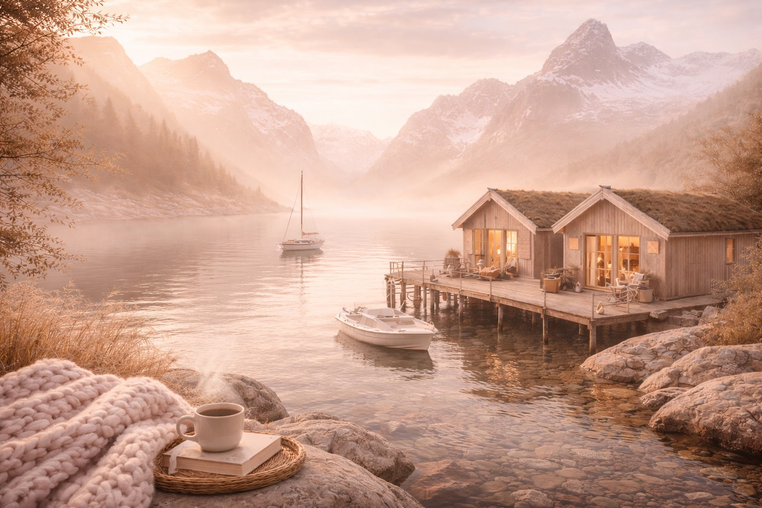 Cabane scandinave au bord d’un lac brumeux avec plaid en grosse maille rose, tasse fumante et lumière beige dorée — ambiance cocooning premium Hazellia
