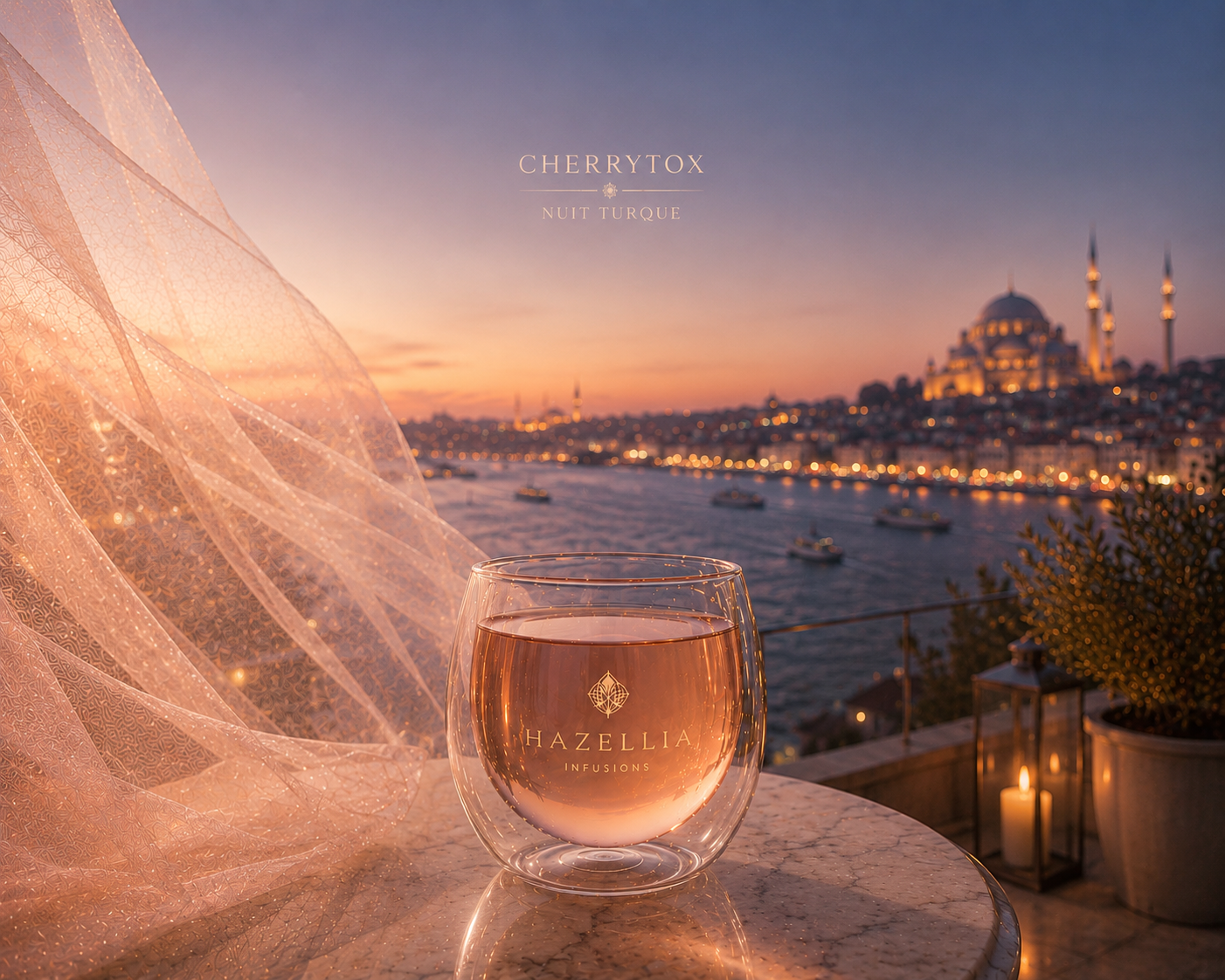 CherryTox Hazellia – infusion ambrée claire dans un verre double paroi premium avec voile rose poudré aérien, ambiance Nuit Turque élégante et vue du Bosphore au coucher du soleil.

