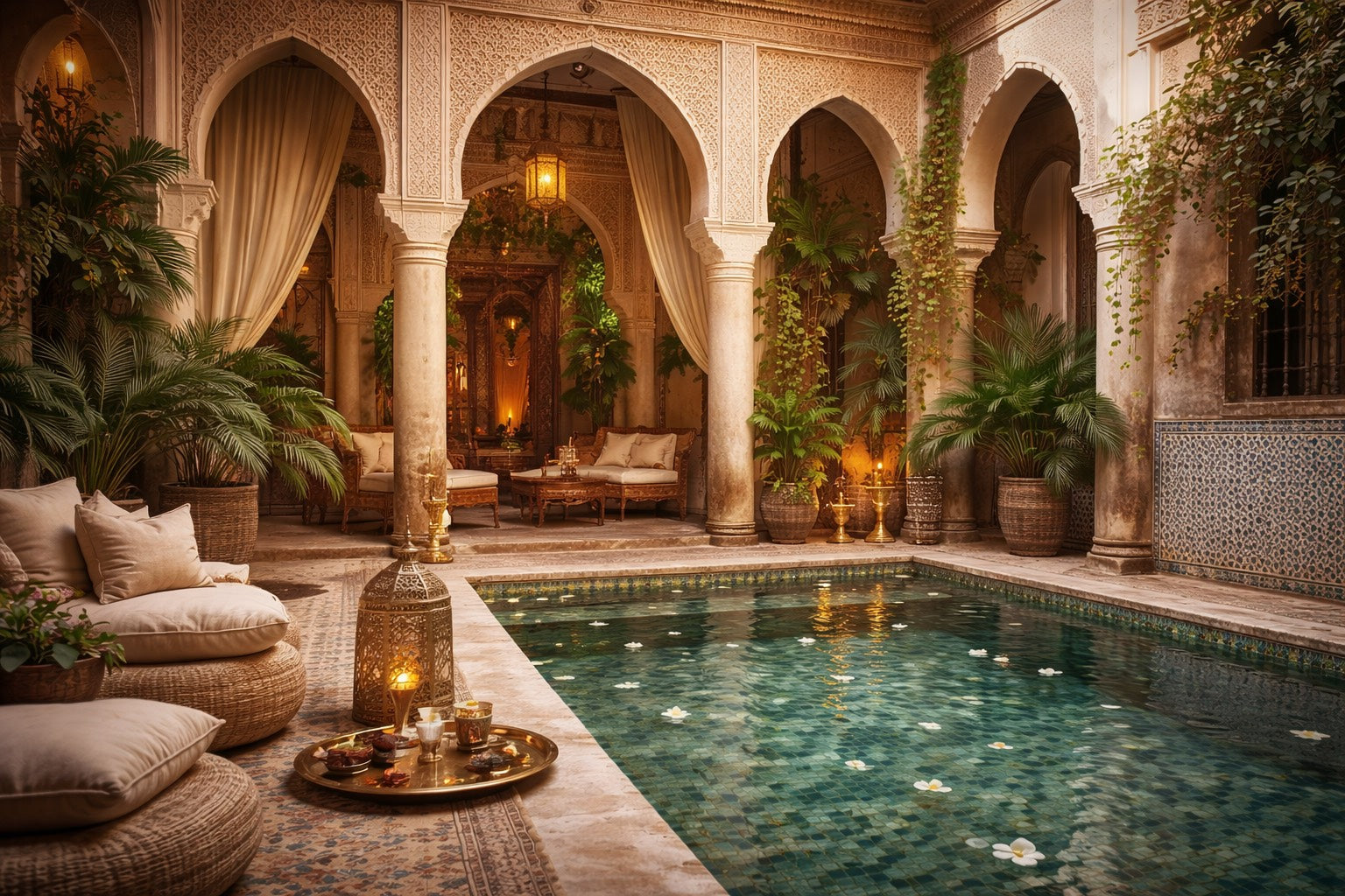 Intérieur de riad marocain élégant avec bassin central, mosaïques traditionnelles, arches sculptées et lumière dorée, ambiance luxe calme et raffiné.
