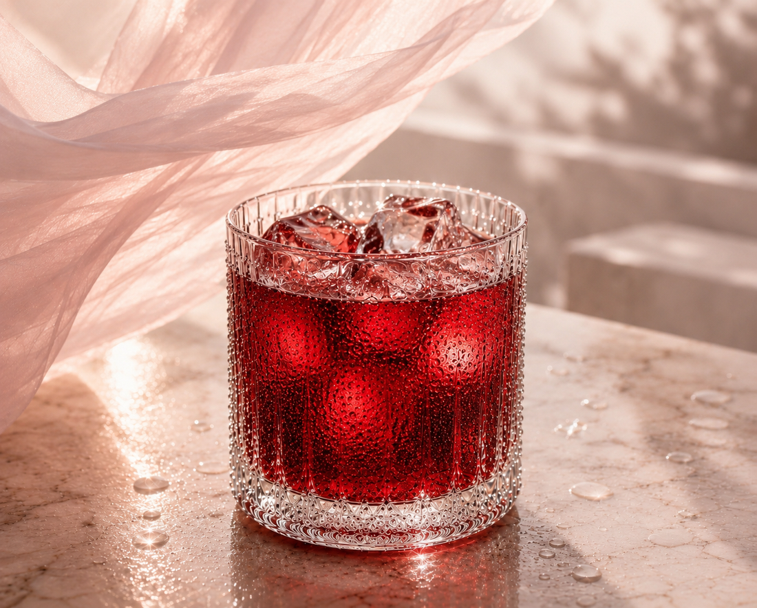 Rose Blood Hazellia – infusion glacée premium à l’hibiscus dans un verre cristal élégant avec glaçons, condensation naturelle, lumière dorée et ambiance luxe couture sur marbre beige et voile aérien.
