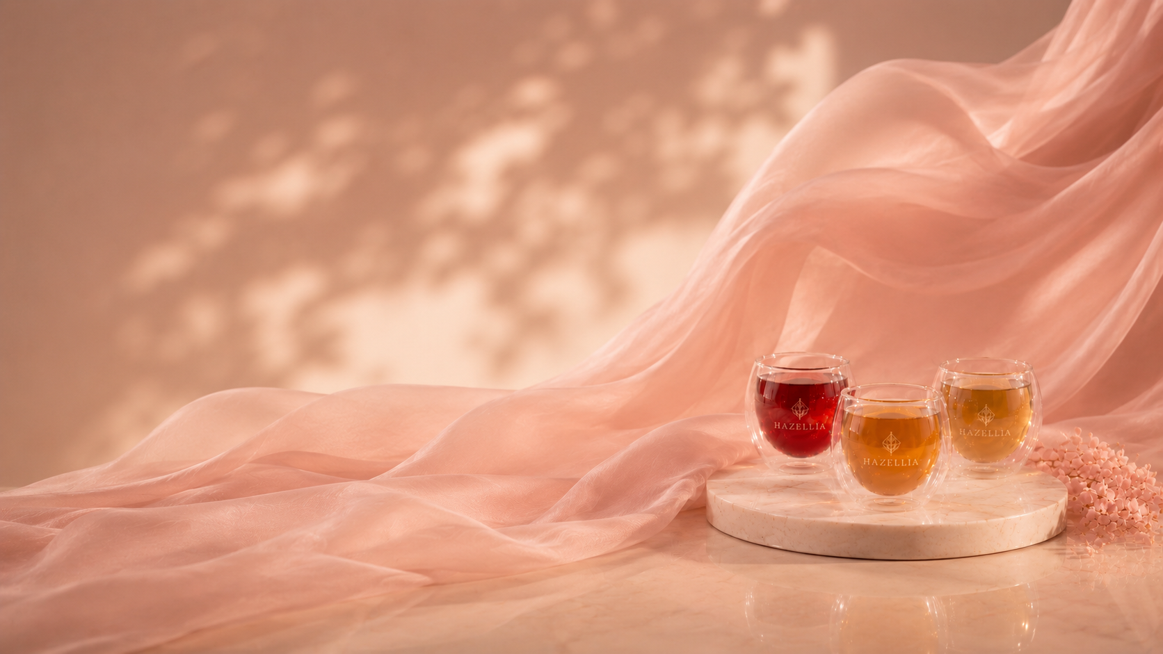 Infusions HazBloom Hazellia sur plateau rond en marbre beige avec trois mugs double paroi aux teintes ambre, rubis et doré clair, voile rose poudré fluide et ambiance luxe couture inspirée des maisons de parfum, collection d’infusions féminines premium Hazellia.