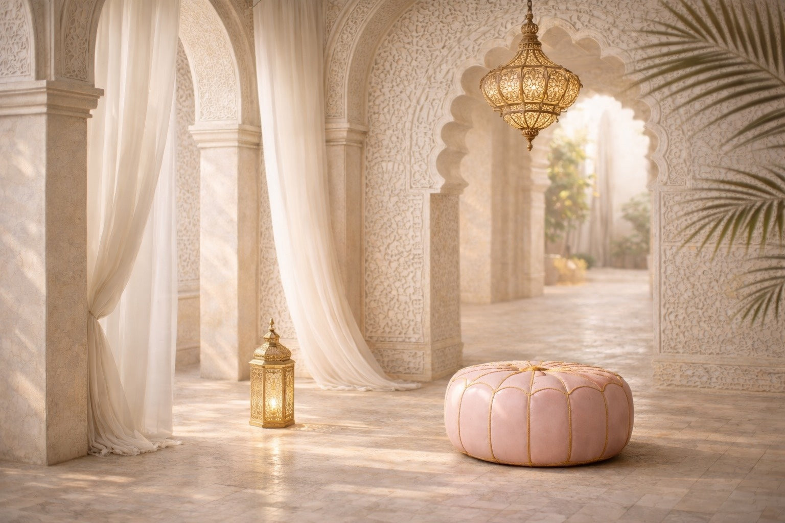 Riad marocain lumineux avec arches sculptées et mosaïques blanches, pouf marocain rose poudré aux détails dorés et lustre artisanal doré baigné de lumière naturelle.

