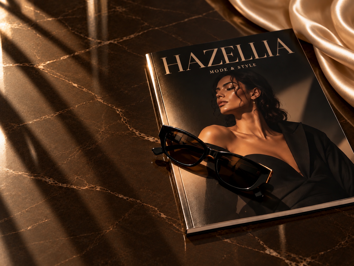 Magazine Hazellia Mode & Style, couverture de mode féminine avec mannequin en blazer noir et lunettes de soleil sur marbre brun espresso.