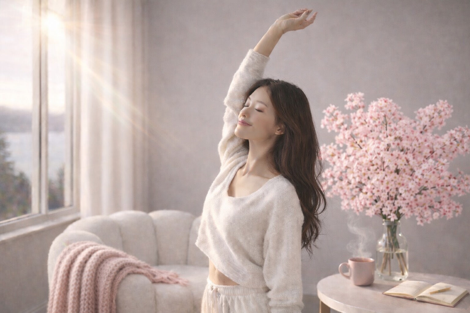 Femme asiatique réalisant un étirement doux près d’une fenêtre lumineuse, fauteuil bubble crème, plaid rose poudré, infusion chaude sur table basse et fleurs de cerisier dans un vase – rituel mouvement doux Hazellia.

