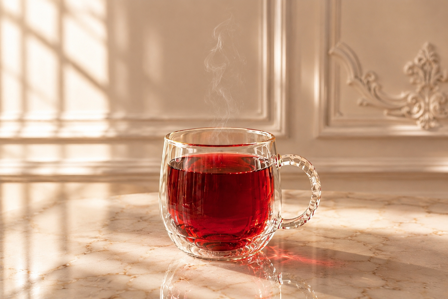 Infusion d’hibiscus rouge dans un mug en verre sur une table en marbre, rituel bien-être féminin Hazellia autour des bienfaits de l’hibiscus pour les femmes.

