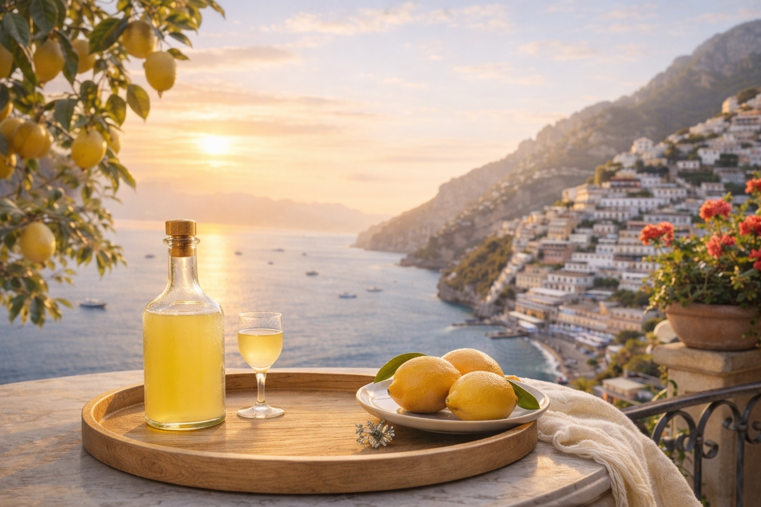 Rituel d’infusion Hazellia Voyage Italie Dolce Vita avec théière blanche sur plateau bois face au lac italien au coucher du soleil.
