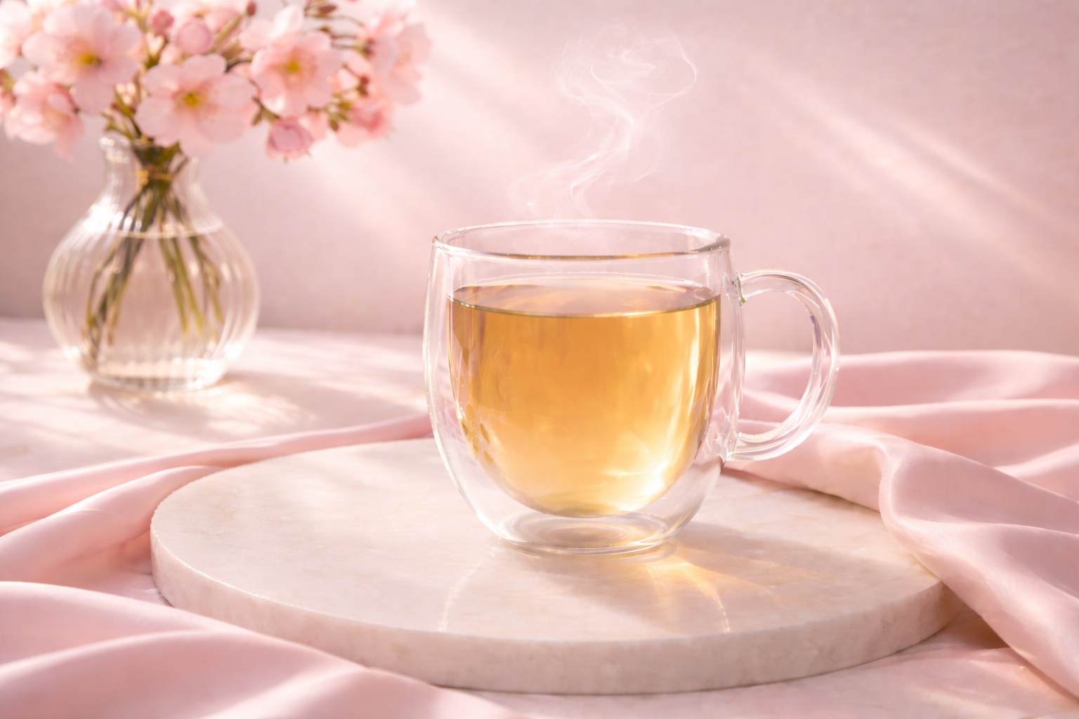 Infusion dorée claire HazBloom Équilibre dans mug en verre double paroi sur marbre rose poudré, ambiance minimaliste couture.

