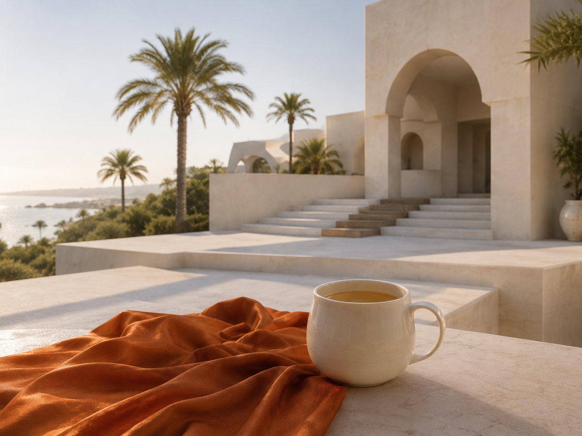 Rituel d’infusion Sénégal Soleil avec mug ivoire et satin cognac cuivré dans une architecture contemporaine lumineuse – Hazellia