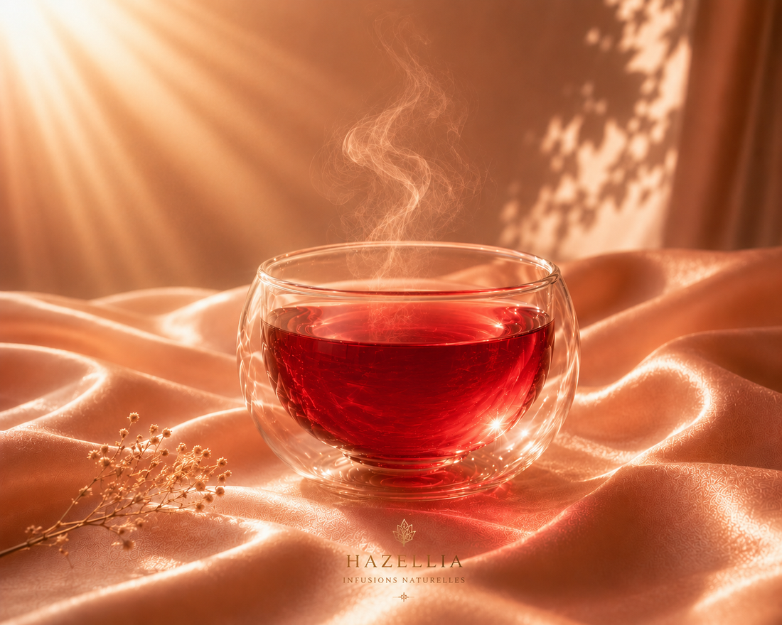 Infusion Rose Blood Hazellia dans un mug double paroi ovale sur satin pêche rosé doré, ambiance luxe couture avec vapeur délicate et lumière chaude dorée.
