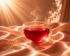 Infusion Rose Blood Hazellia dans un mug double paroi ovale sur satin pêche rosé doré, ambiance luxe couture avec vapeur délicate et lumière chaude dorée.
