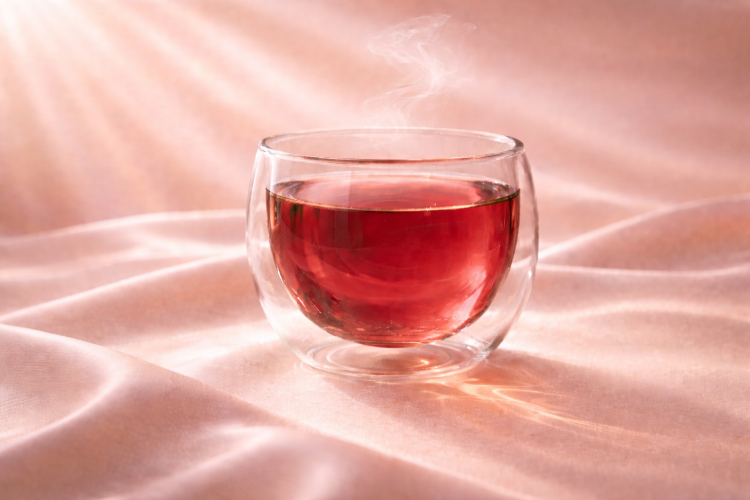 Infusion hibiscus rouge profond Hazellia Rose Blood dans un verre double paroi sur satin rose poudré avec vapeur délicate.

