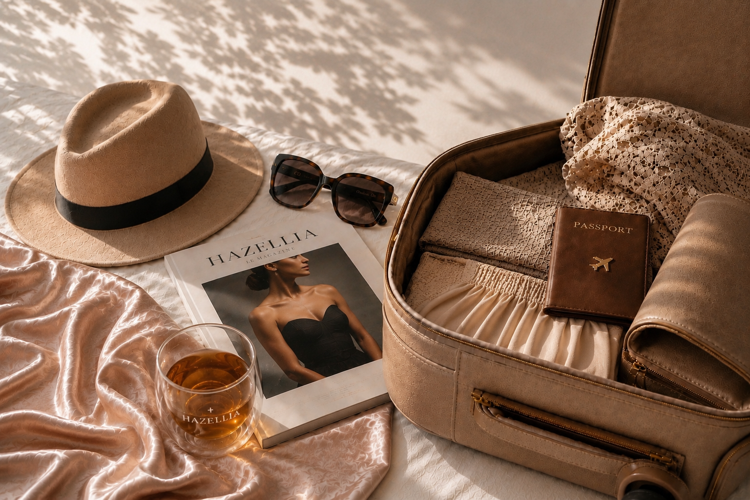 Ambiance luxe éditorial Hazellia Voyage avec valise beige élégante ouverte sur un ensemble féminin beige doré, passeport brun, magazine Hazellia avec femme en bustier noir, lunettes de soleil style Dior, chapeau beige et infusion ambrée dans un mug signature en verre double paroi sur satin rose poudré, lumière naturelle douce et esthétique voyage féminin premium.