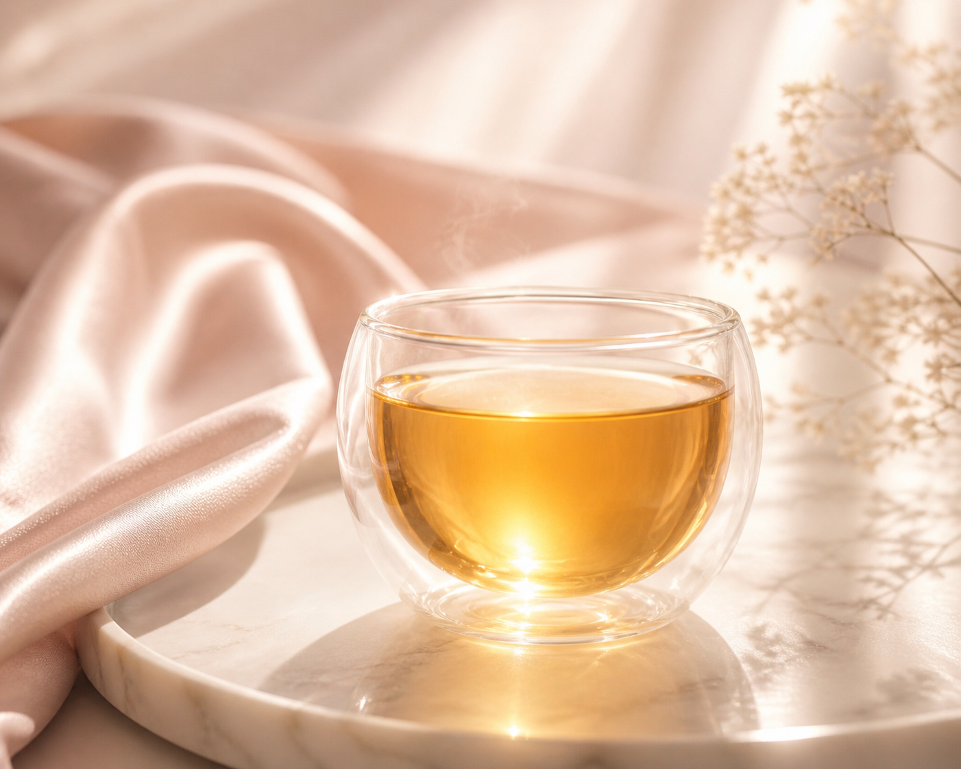 Infusion chaude ambrée dans un verre double paroi sur marbre clair avec tissu rose, rituel bien-être féminin Hazellia

