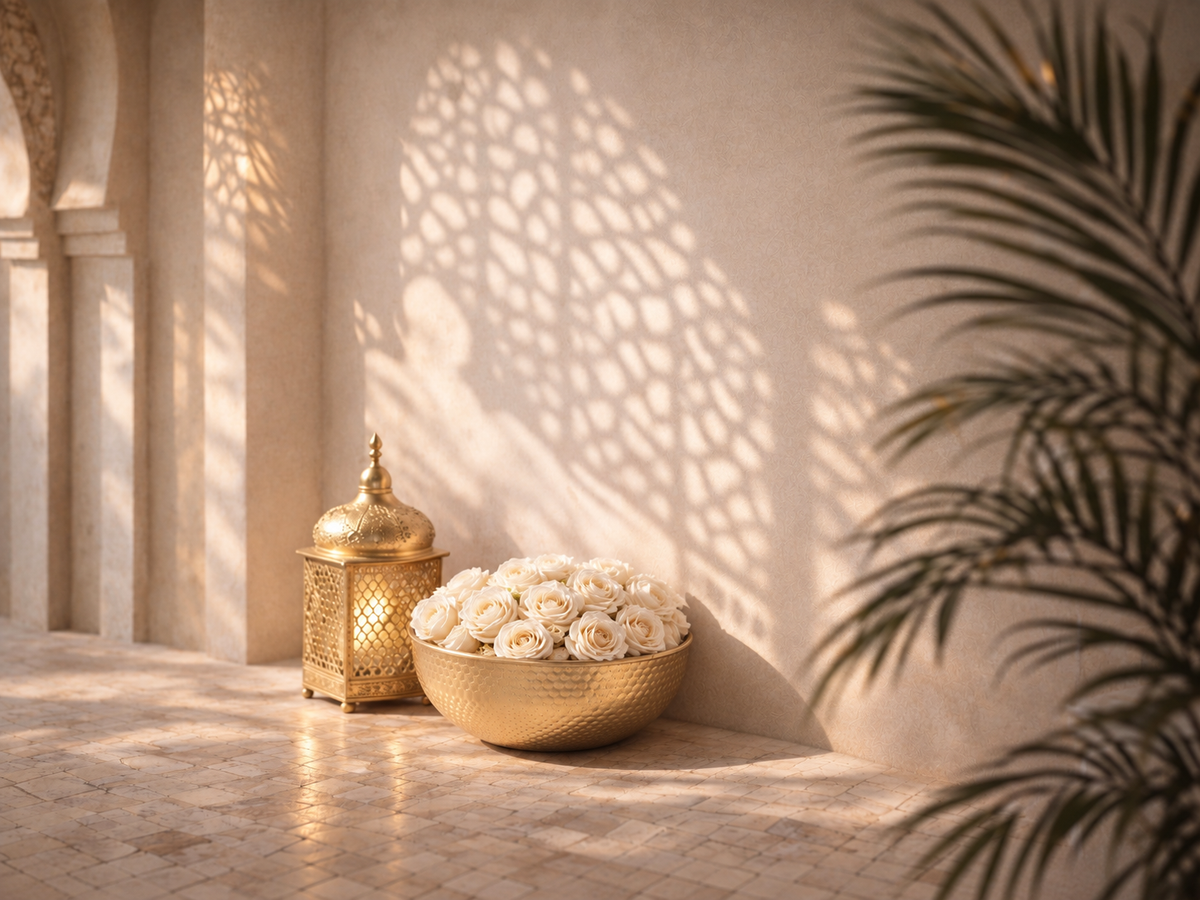 Ambiance marocaine élégante avec mosaïque ivoire, lanterne artisanale dorée et bol en métal martelé rempli de roses rose poudré, dans une lumière douce et chaleureuse.
