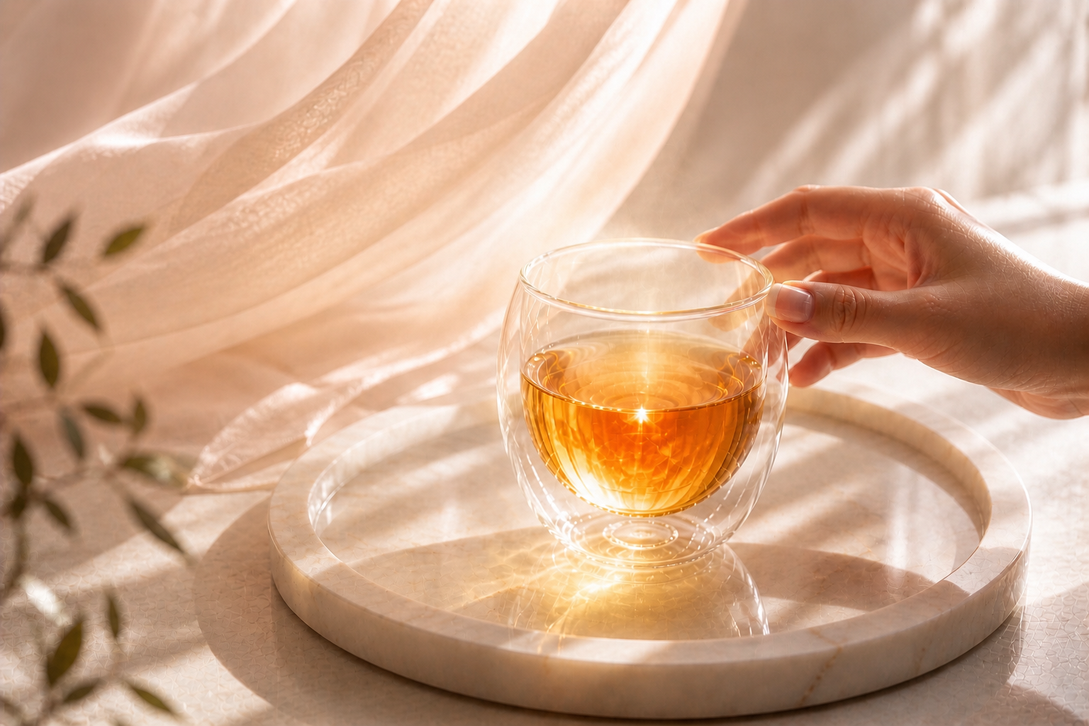 Infusion ambrée lumineuse dans un verre double paroi posée sur un plateau en marbre, tenue par une main féminine, ambiance satin beige et lumière douce, rituel bien-être Hazellia