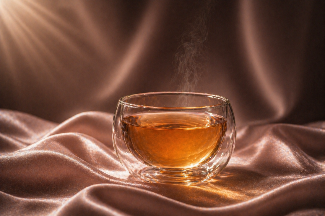 infusion bien-être ambre dans tasse en verre double paroi sur satin rose poudré, ambiance luxe Hazellia, rituel féminin apaisant


