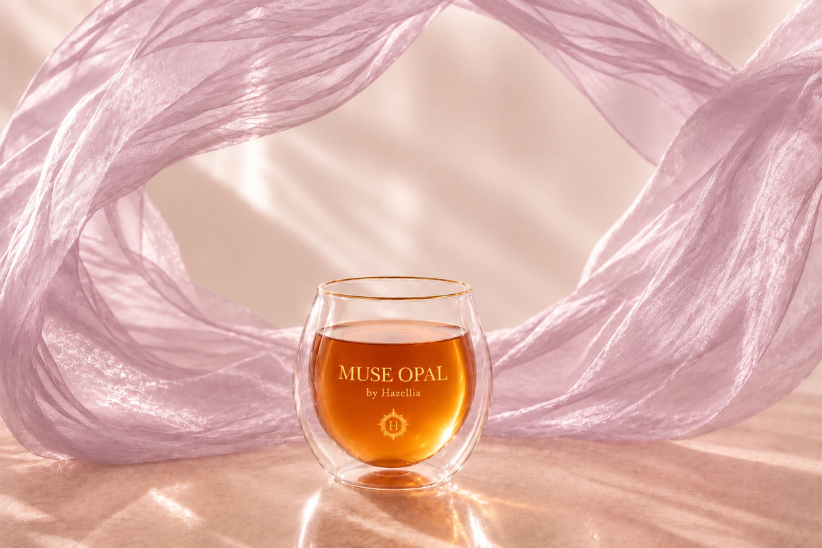 Muse Opal by Hazellia, infusion effet bijou dans un mug cristal sous un voile lilas opalin, ambiance romantique, lumineuse et luxueuse.

