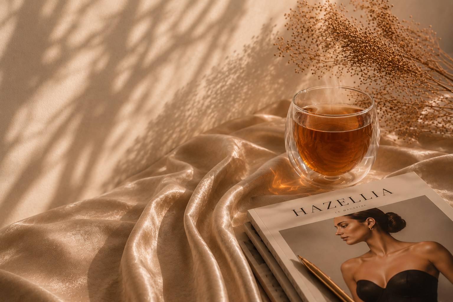 Magazine Hazellia – infusion ambrée dans un verre double paroi sur satin beige poudré, ambiance luxe féminin et rituel bien-être premium inspiré de l’univers couture.