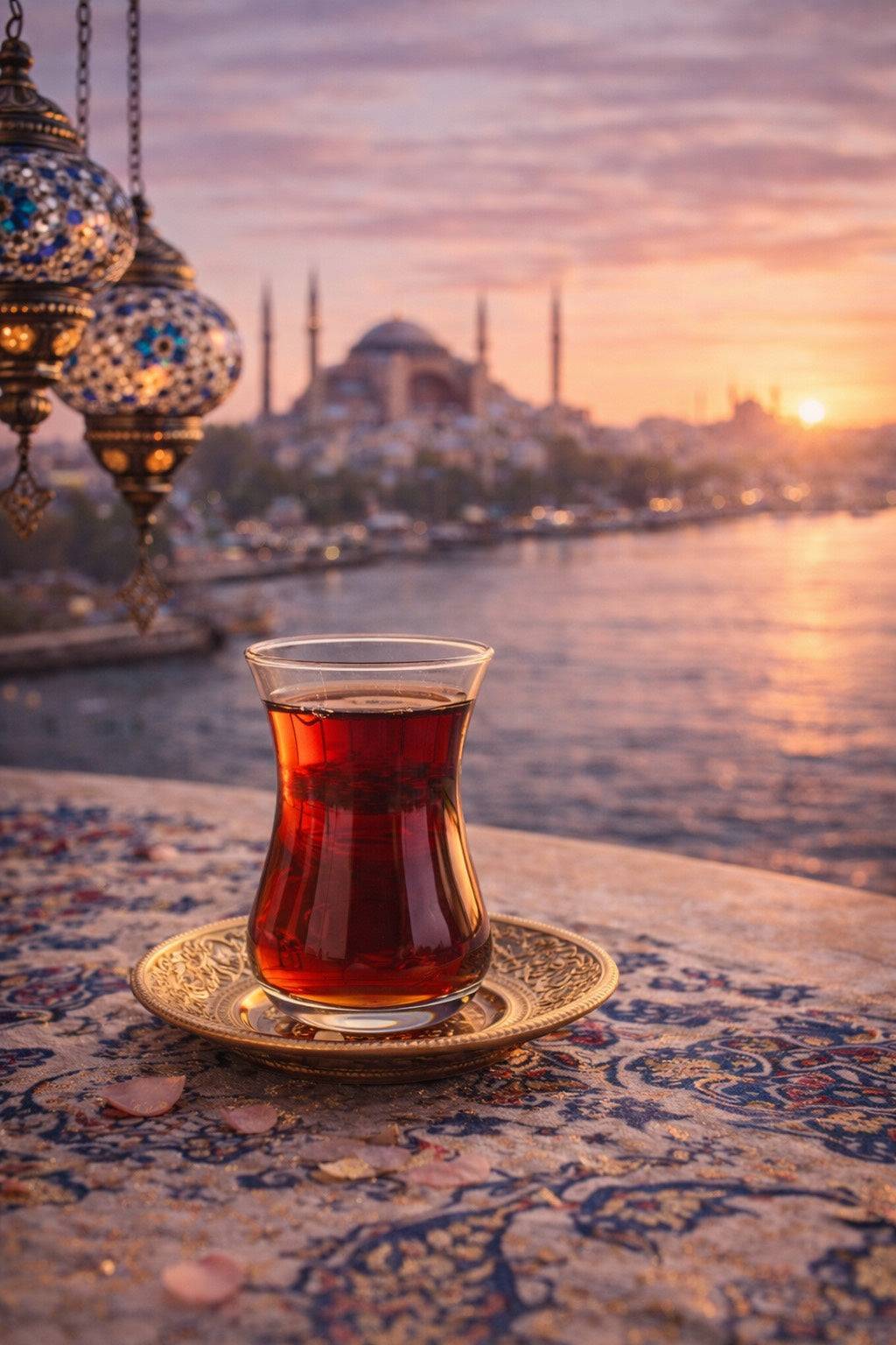 Scène de thé turc au coucher du soleil : verre tulipe rouge sur plateau doré, lanternes ottomanes et Bosphore avec la mosquée en arrière-plan