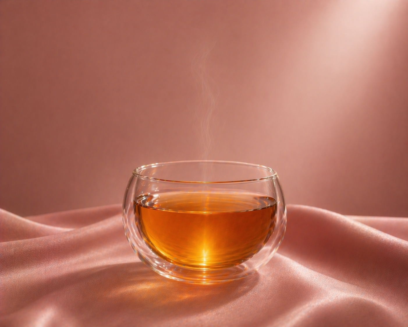 Infusion thé vert menthe bio Mint Atlas Hazellia, couleur ambrée lumineuse dans un mug double paroi, posée sur satin rose poudré, ambiance luxe et rituel bien-être féminin