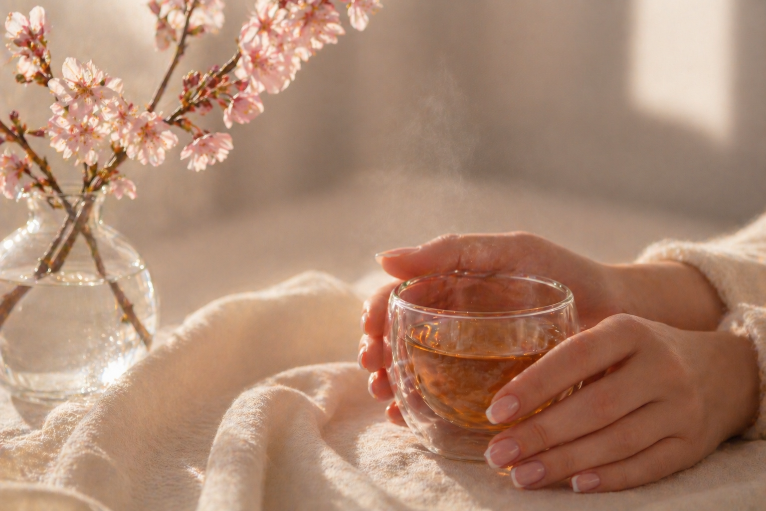 Infusion chaude dans une tasse élégante tenue en main, moment de calme et rituel bien-être féminin avec fleurs délicates

