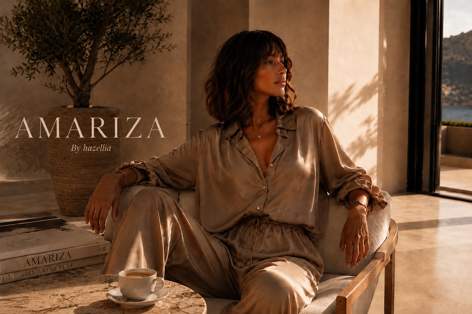 Collection Amariza HazWear inspirée de l’Italie Dolce Vita, silhouette féminine satinée taupe.
