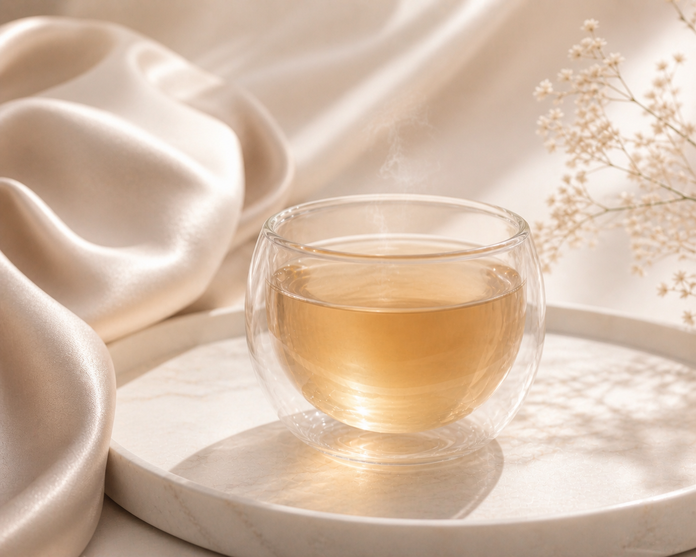 Infusion ambrée douce et délicate dans un verre transparent sur plateau marbre clair avec tissu soyeux beige, ambiance calme et apaisante Hazellia

