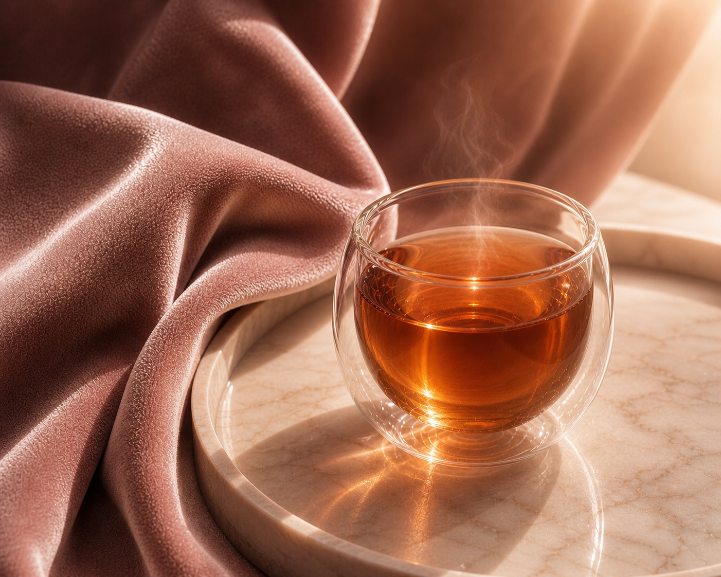 Infusion Red Velvet Hazellia dans tasse double paroi, boisson rouge ambrée lumineuse posée sur plateau en marbre avec tissu velours rose poudré, ambiance luxe et sensorielle

