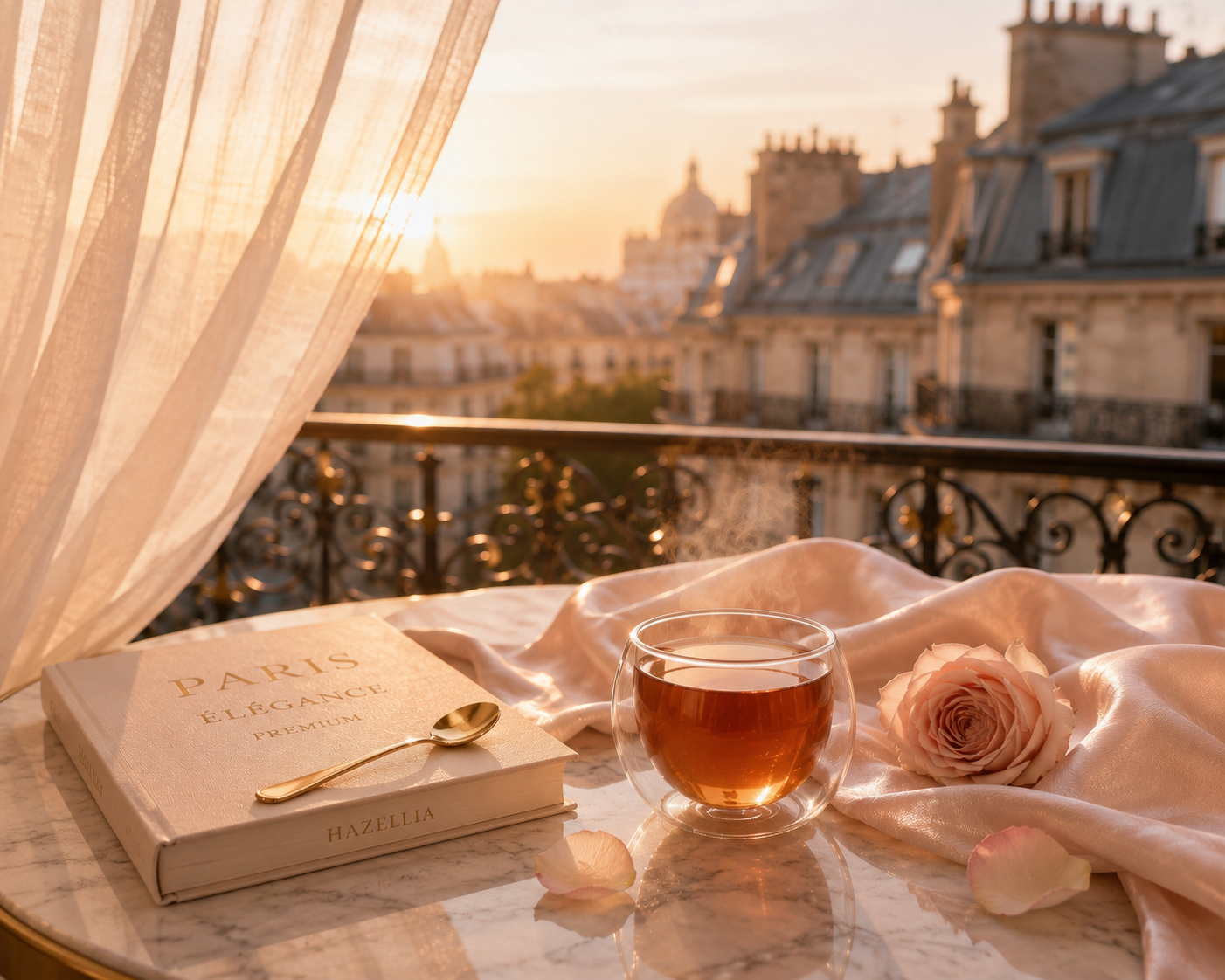 Paris Élégance Hazellia – ambiance luxe féminin avec Tour Eiffel, satin rose poudré, bougie élégante et rituel parisien premium.
