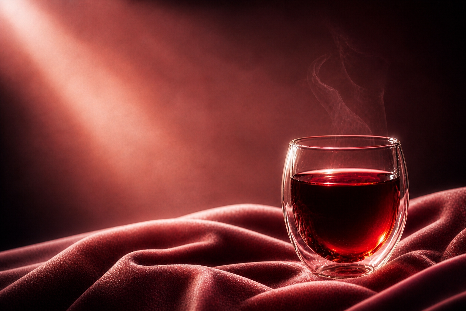 Infusion rouge velours dans une tasse en verre double paroi sur tissu rose poudré – rituel féminin Hazellia Red Velvet

