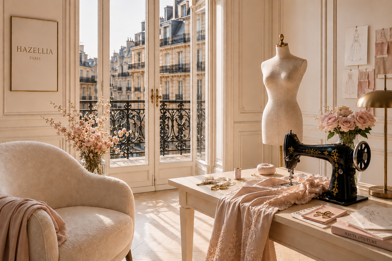 Atelier couture parisien baigné de lumière naturelle avec machine à coudre vintage noire, mannequin de couture, tissu blush nude, roses poudrées et fenêtres haussmanniennes dans une ambiance luxe éditoriale inspirée de l’univers Hazellia Voyage Paris.
